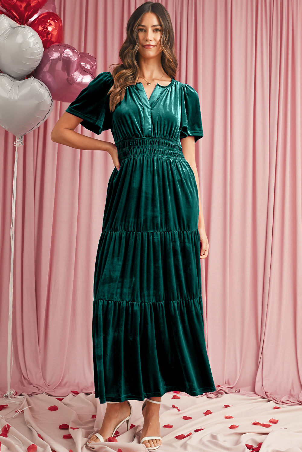 Evergreen Velvet Puff Sleeve Tiered Maxi Dress