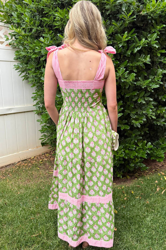 Green Floral Print Striped Detail Knot Straps Maxi Dress