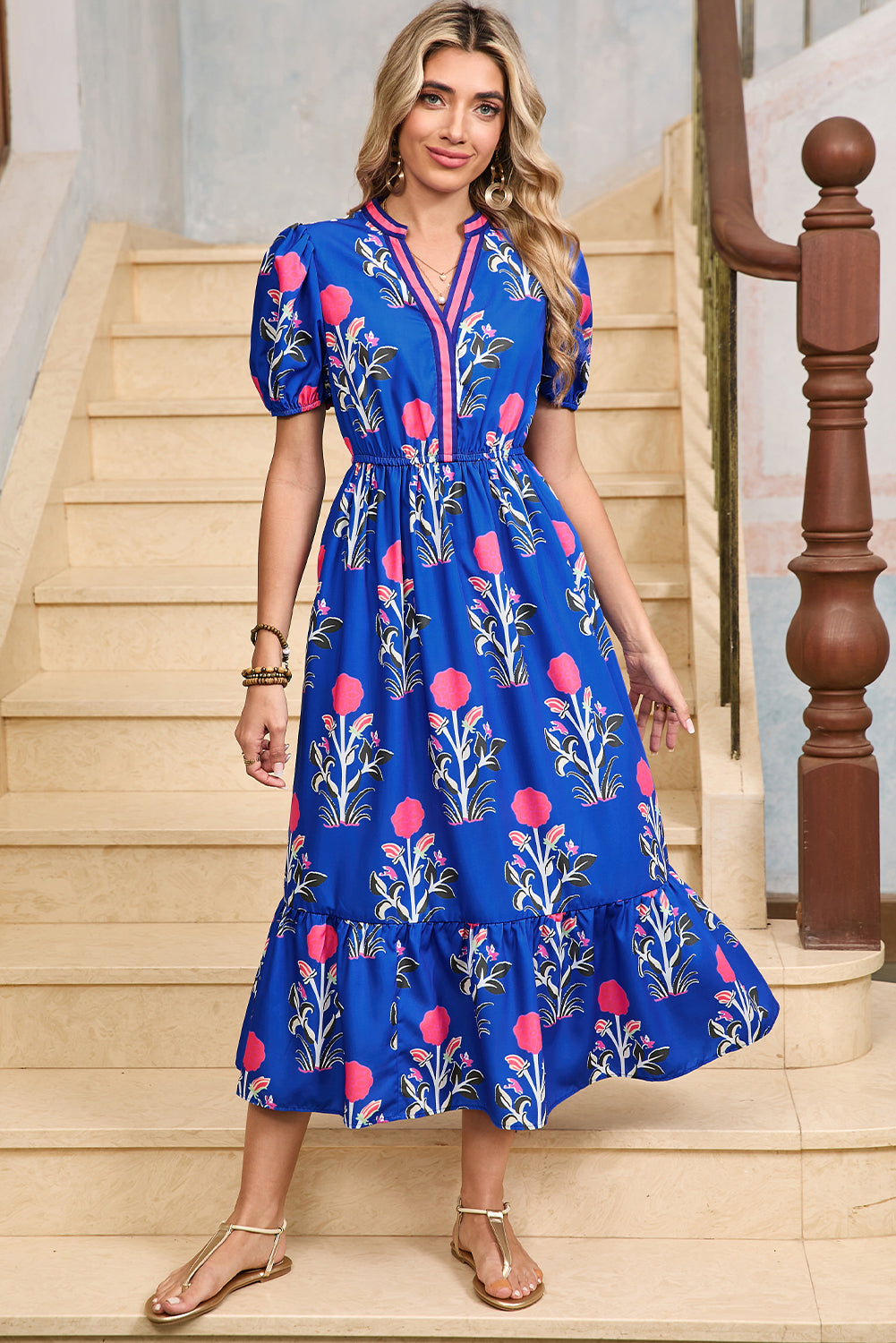 Blue Floral Ruffle Hem Dress
