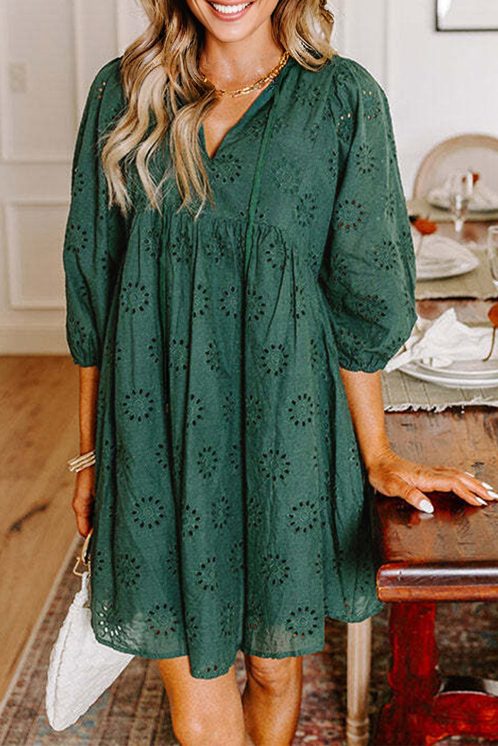 Green Eyelet Pattern Mini Dress