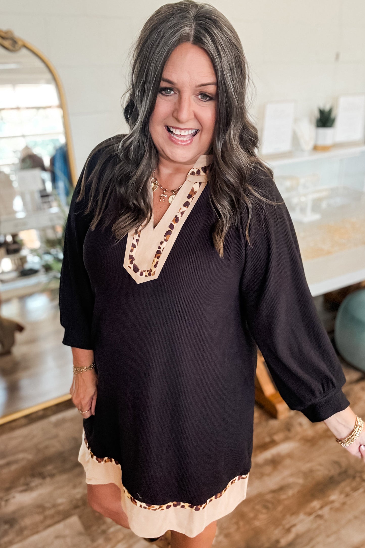 Black Leopard Trim Plus Size Ribbed Dress