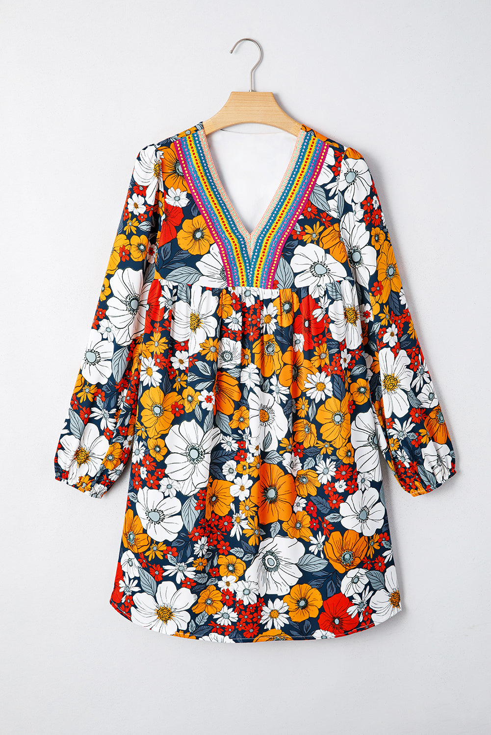Orange Floral Print Striped Lace V Neck Long Sleeve Mini Dress