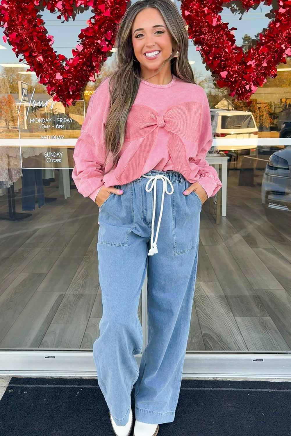 Pink Mineral Wash Bow Sweatshirt
