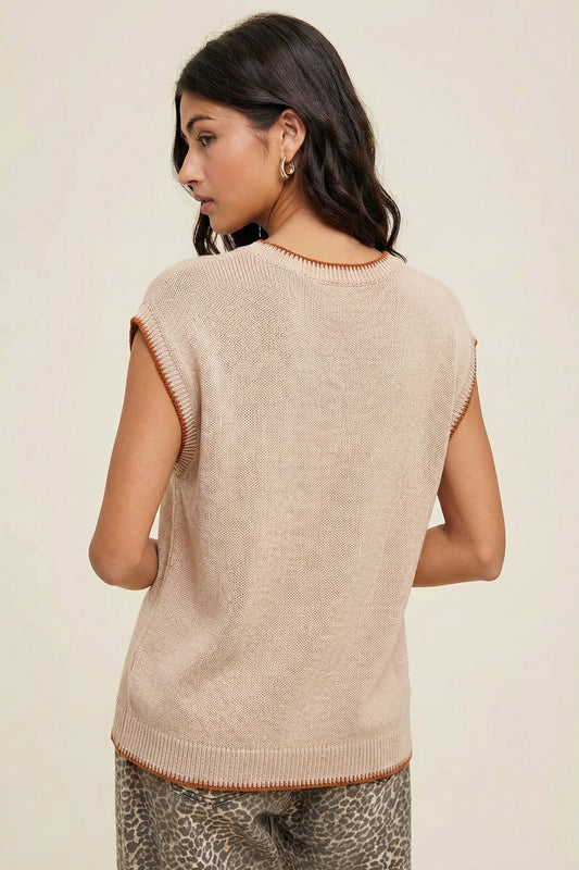 Parchment Contrast Trim Short Sleeve Knit HOWDY Western Sweater