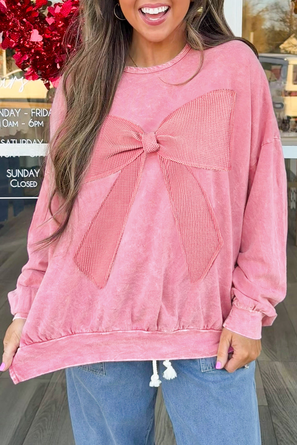 Pink Mineral Wash Bow Sweatshirt