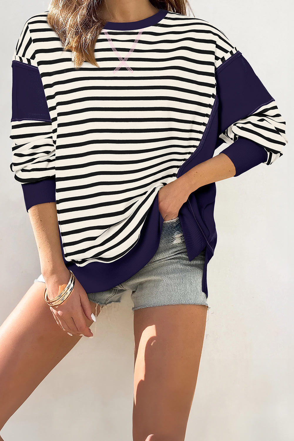 Striped Exposed Seam Loose Sweatshirt