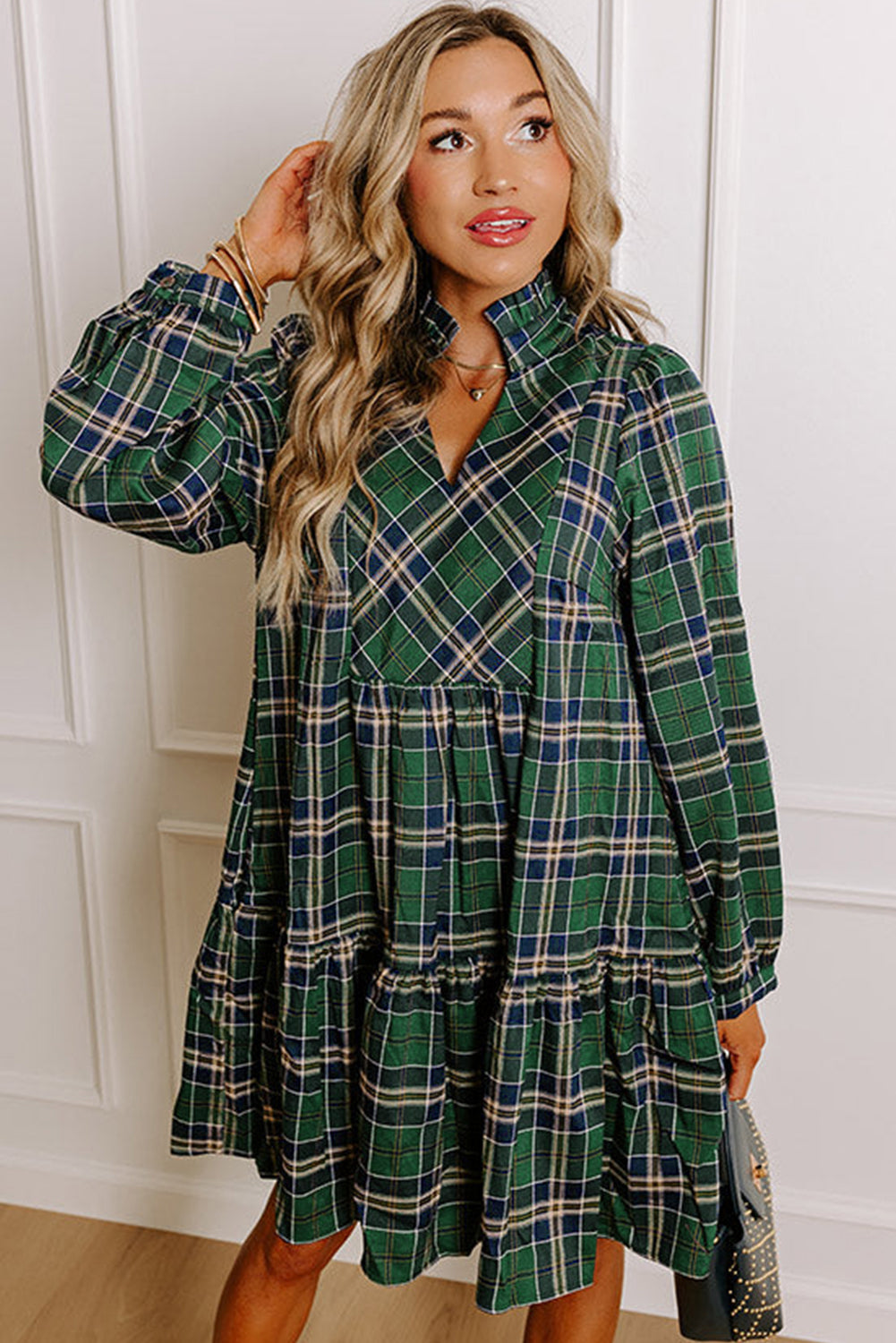 Green Plaid Frill Neck Mini Dress