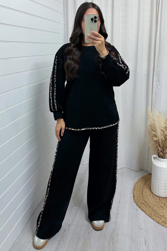 Black Contrast Leopard Trim Casual Sweatshirt Pant Set