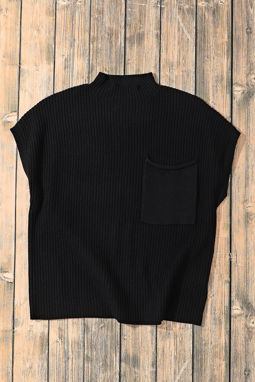Black Pocket Ribbed Sweater
