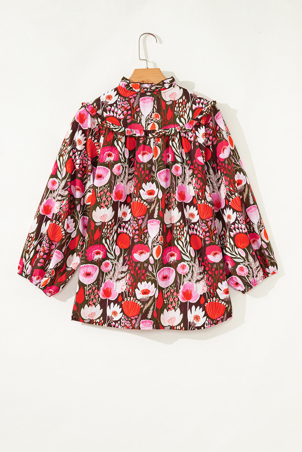 Red Floral 3/4 Sleeve Lace-up Blouse