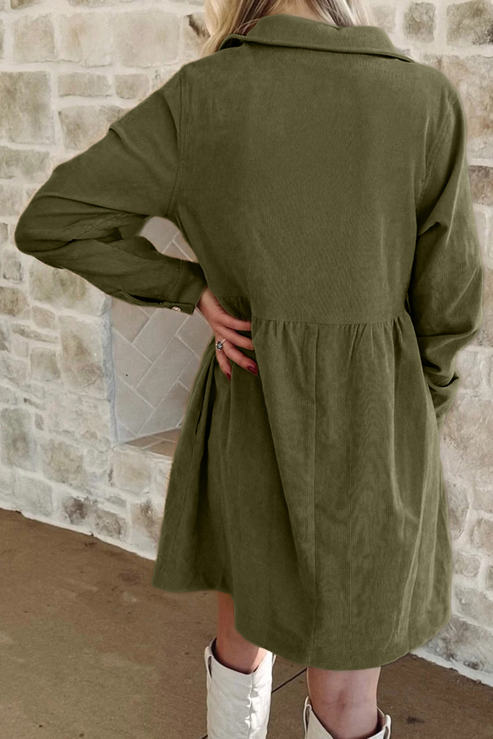 Green Corduroy Collared Mini Dress