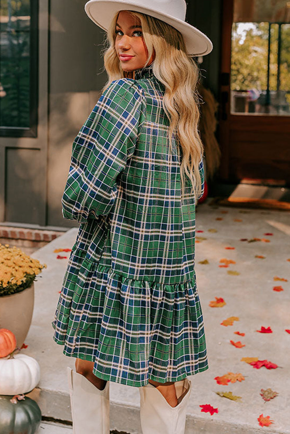 Green Plaid Frill Neck Mini Dress