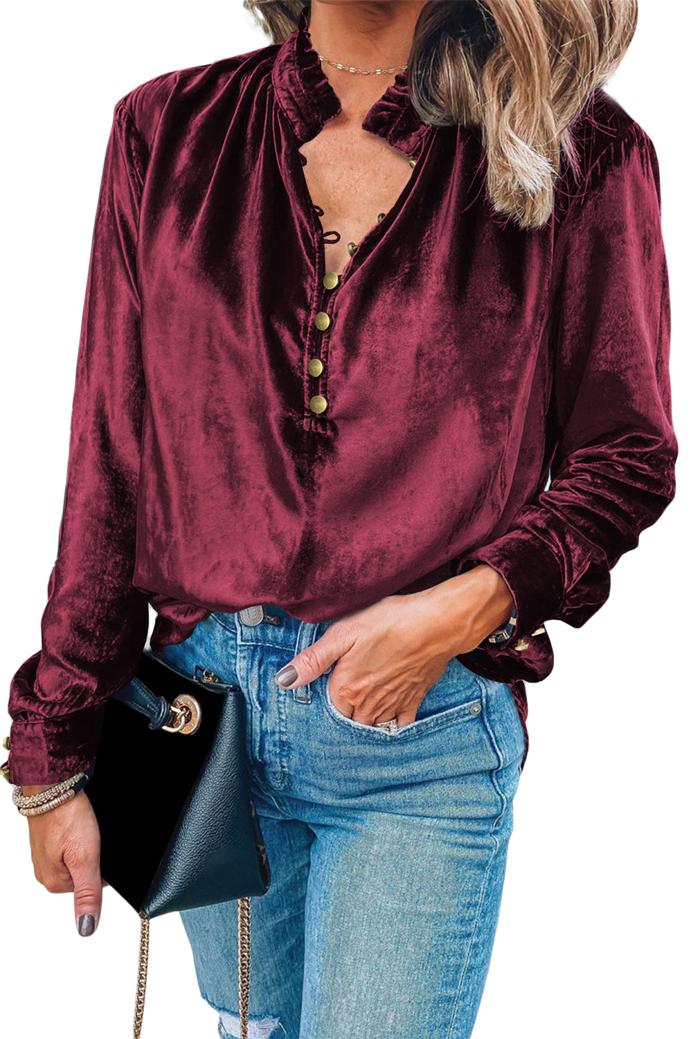 Red Frilled Buttoned Velvet Blouse