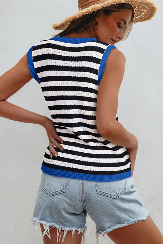 Black Stripe Pointelle Knit Contrast Trim Sleeveless Sweater Top