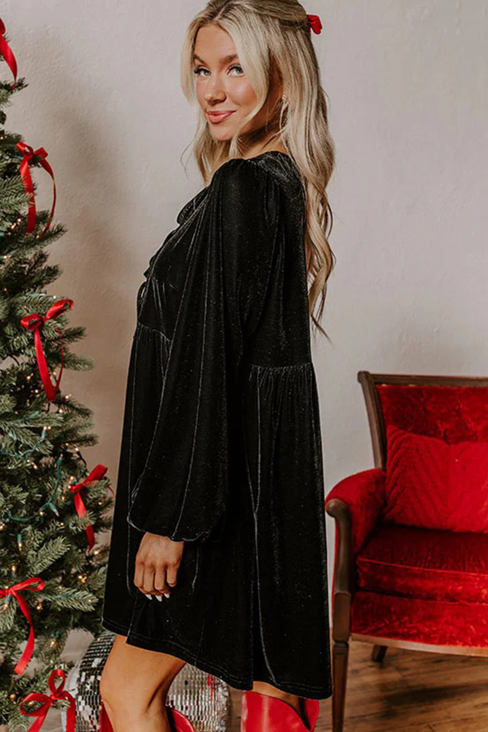 Black Velvet Bubble Sleeve Mini Dress