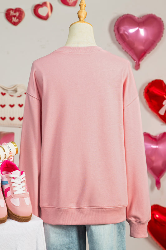 Pink Sequined Valentine Heart Print Round Neck Sweatshirt