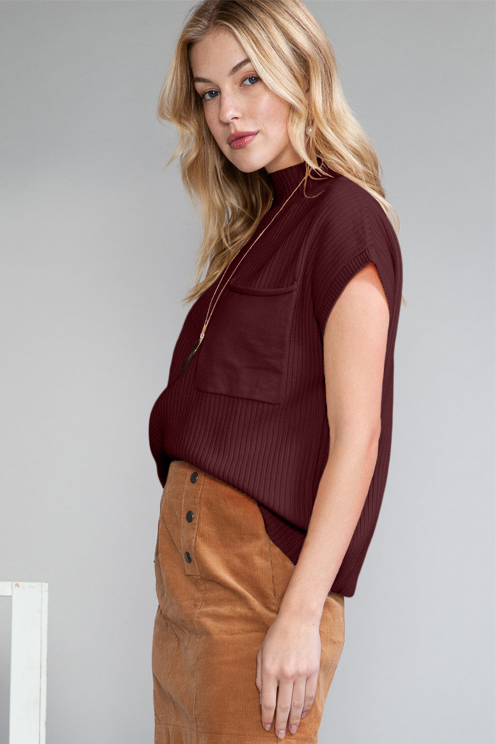 Deep Red Pocket Ribbed Sweater