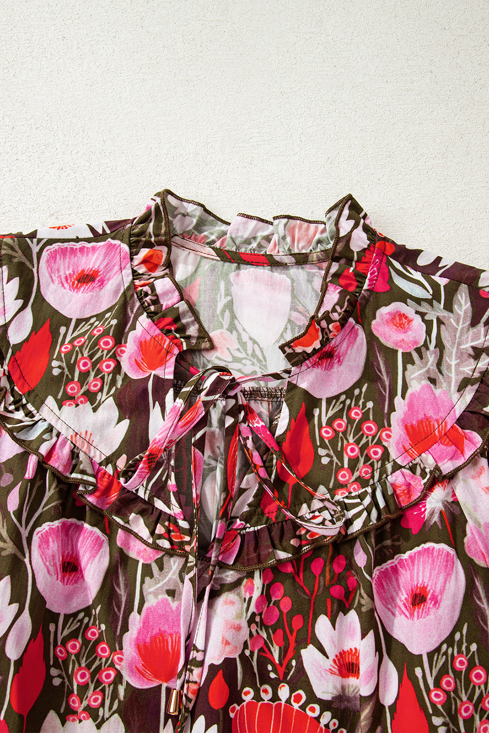 Red Floral 3/4 Sleeve Lace-up Blouse