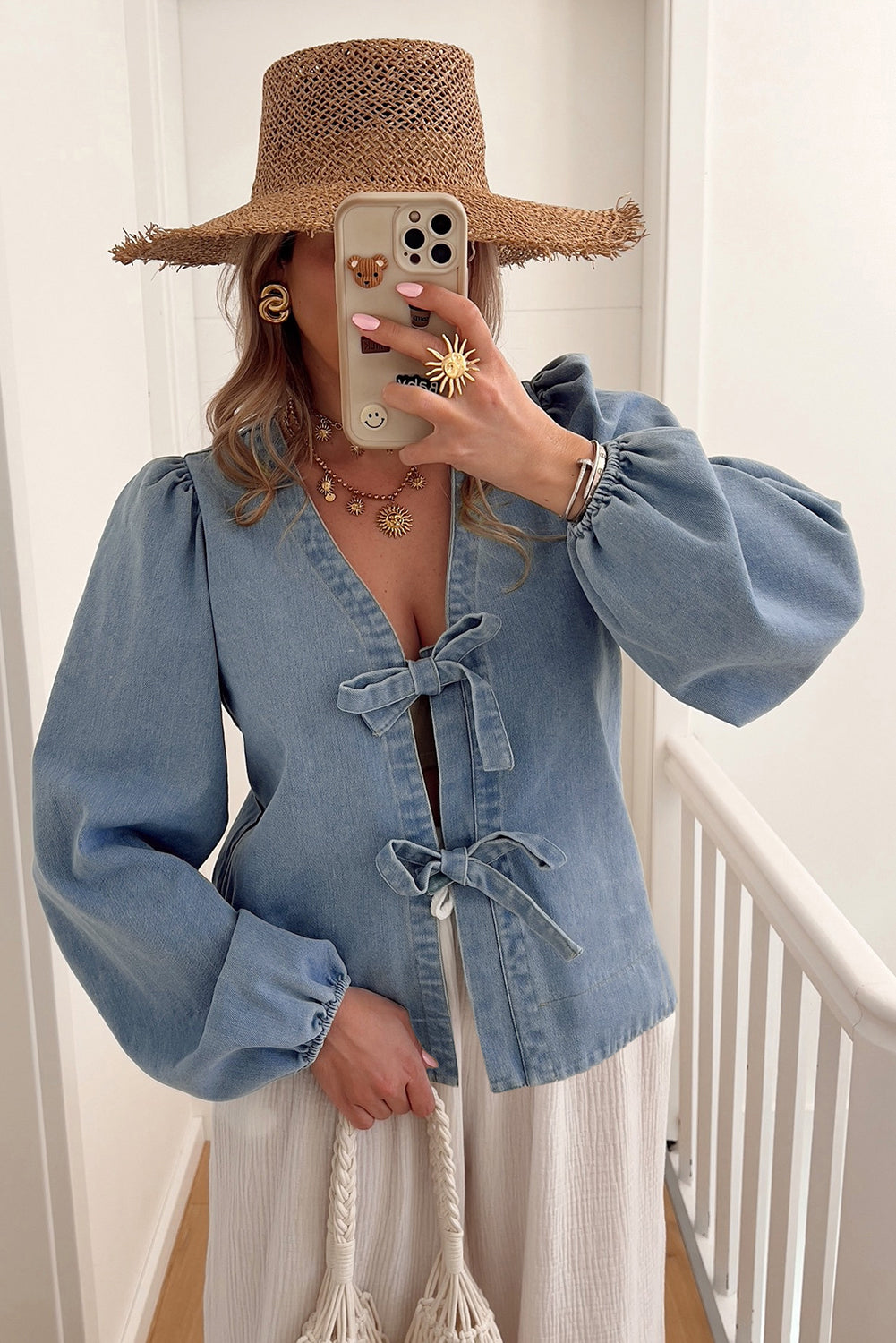 Blue Bow Tie Denim Top
