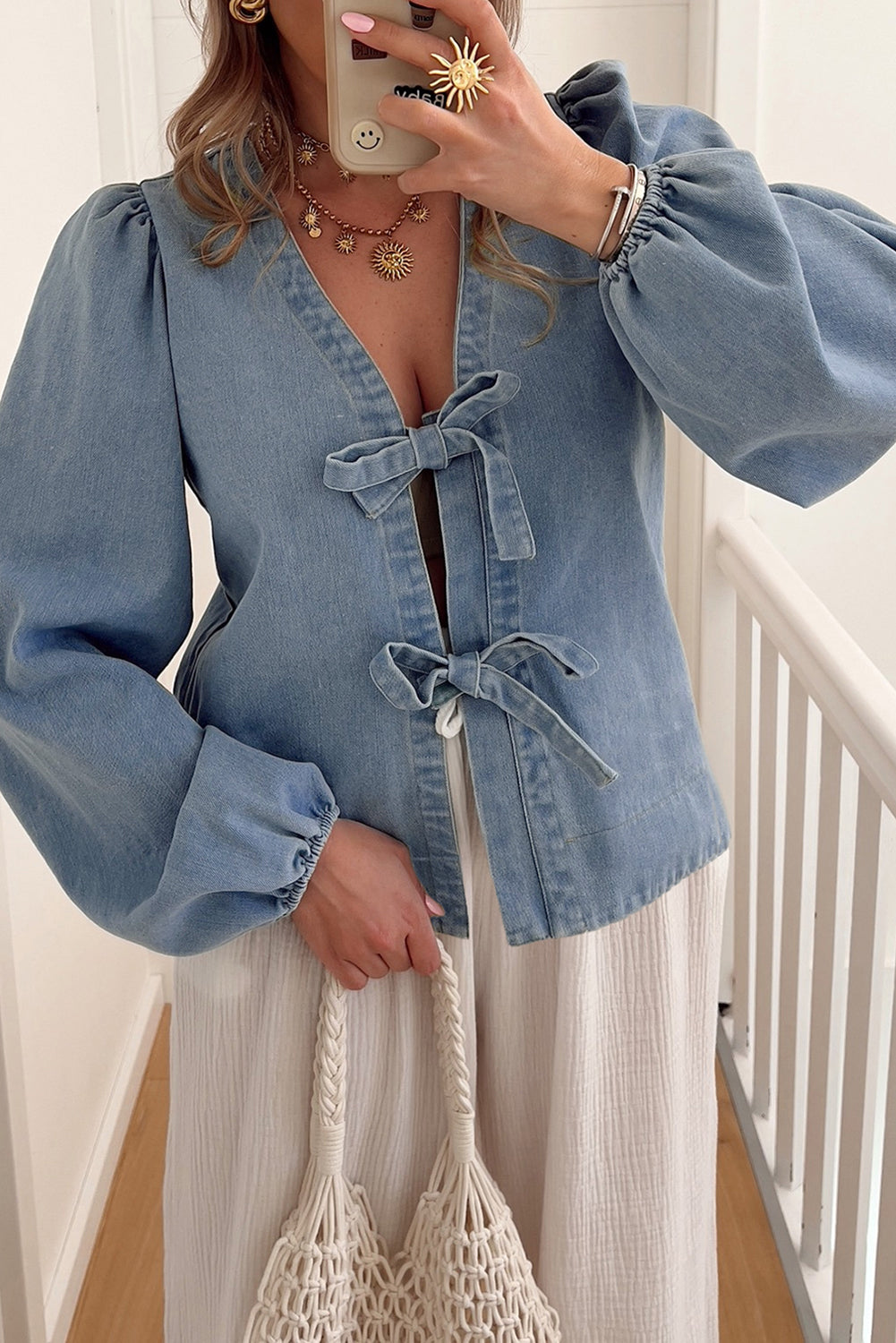Blue Bow Tie Denim Top