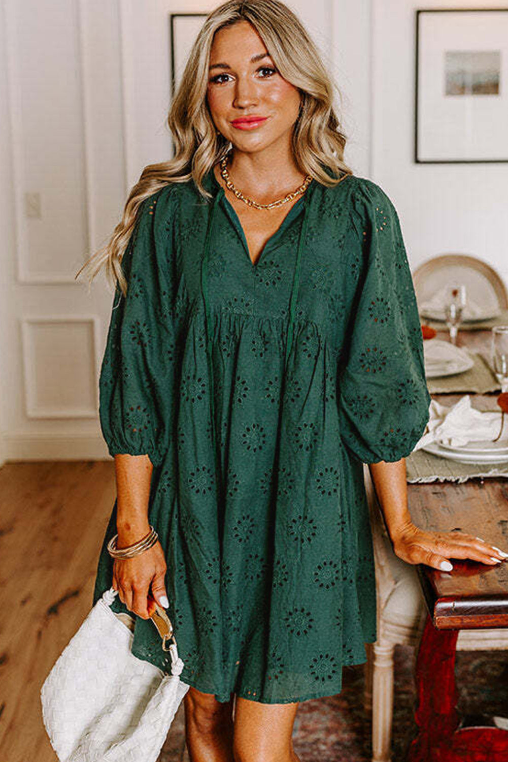 Green Eyelet Pattern Mini Dress
