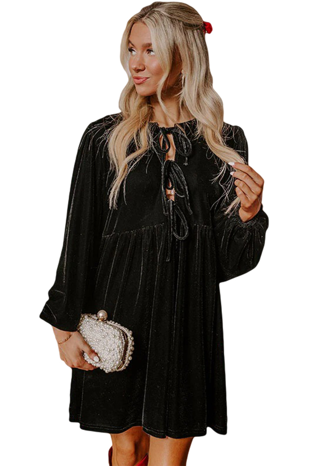 Black Velvet Bubble Sleeve Mini Dress