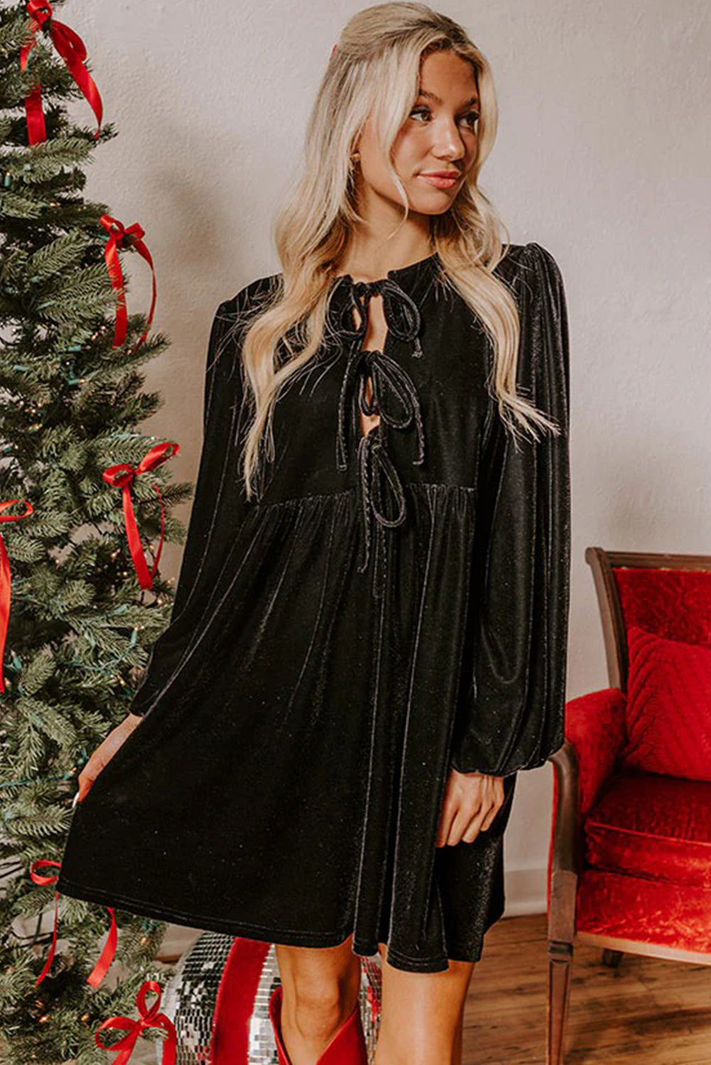 Black Velvet Bubble Sleeve Mini Dress