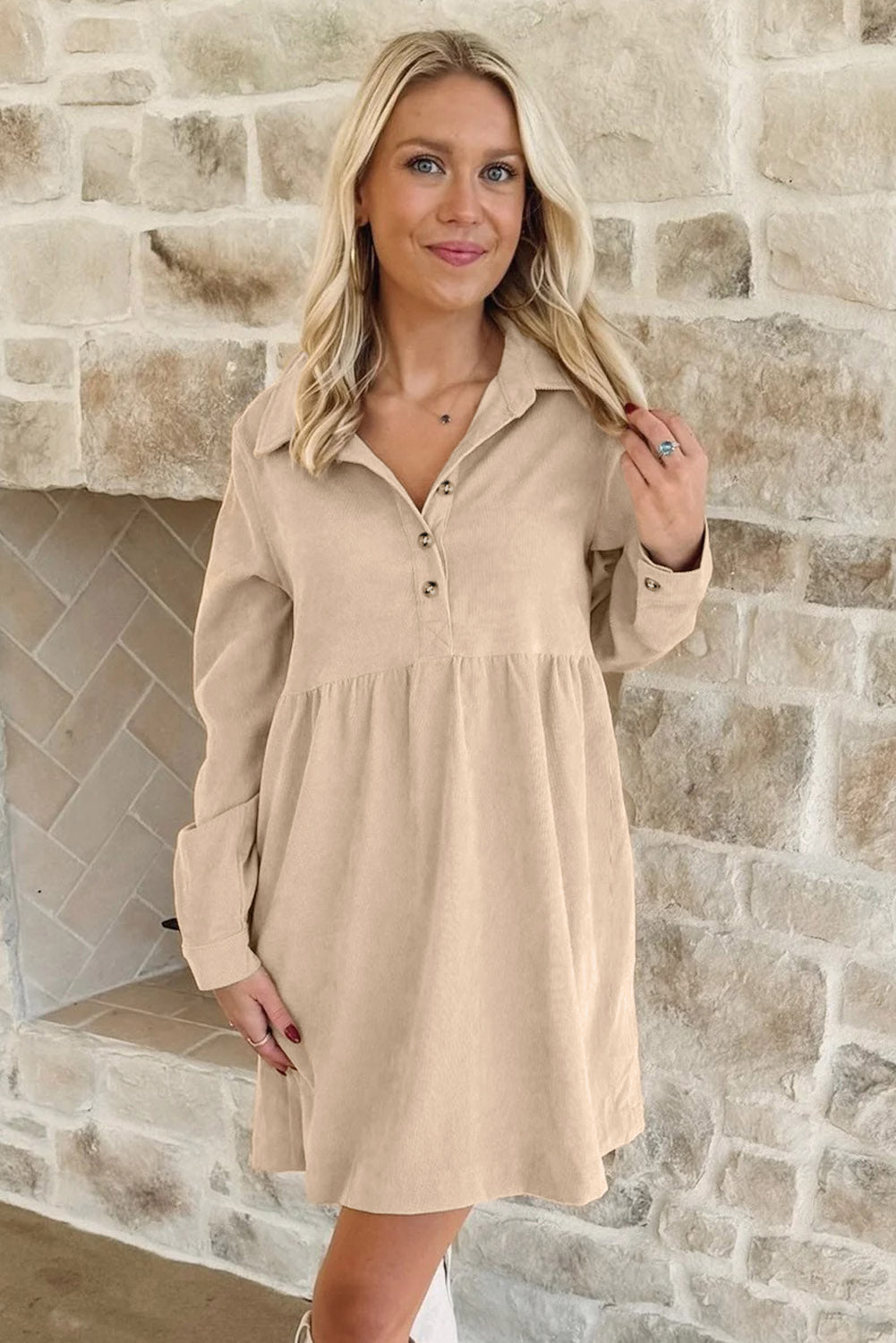 Oatmeal Corduroy Collared Mini Dress