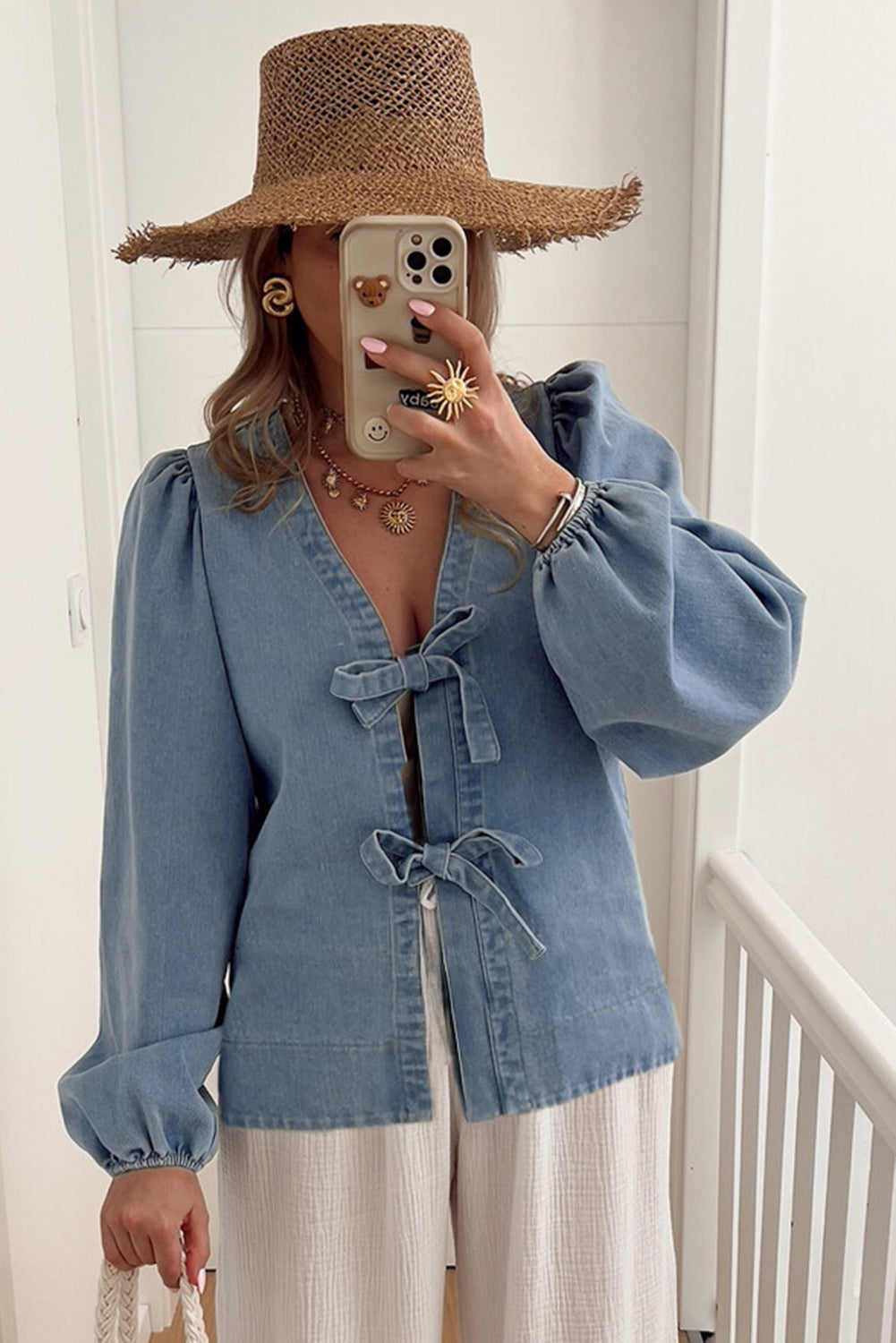 Blue Bow Tie Denim Top