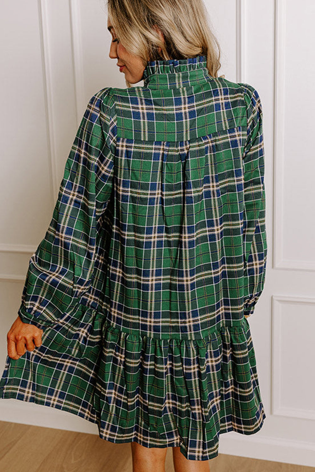 Green Plaid Frill Neck Mini Dress