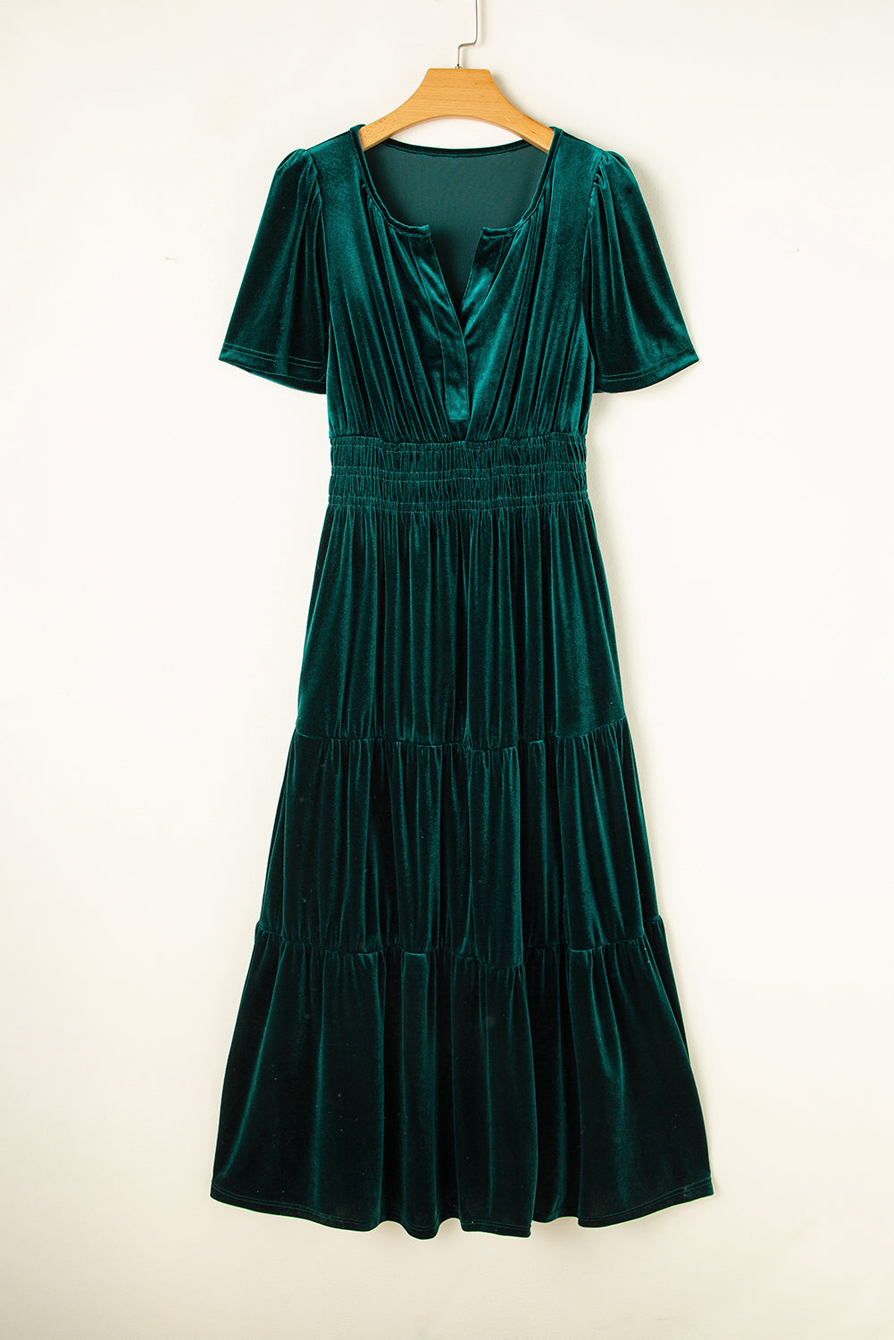 Evergreen Velvet Puff Sleeve Tiered Maxi Dress
