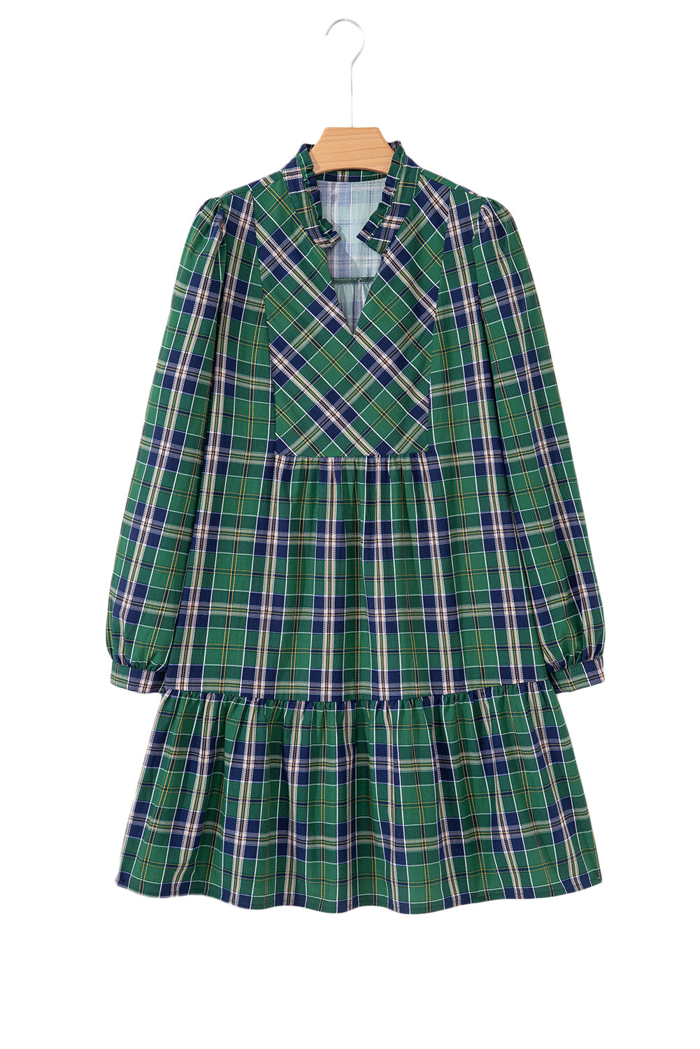 Green Plaid Frill Neck Mini Dress