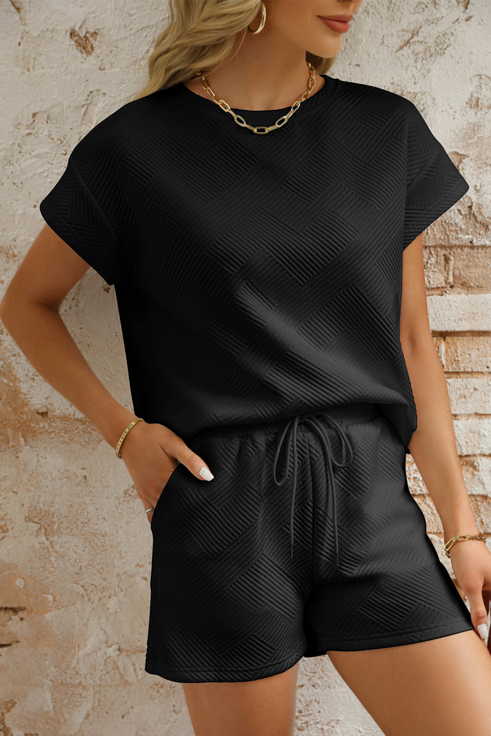Black Textured Short Sleeve Top and Shorts Set