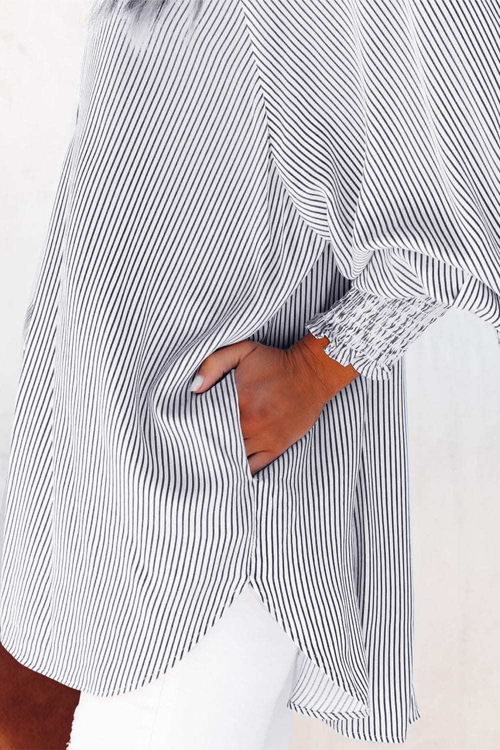 Black Striped Shirred Cuffs Shirt