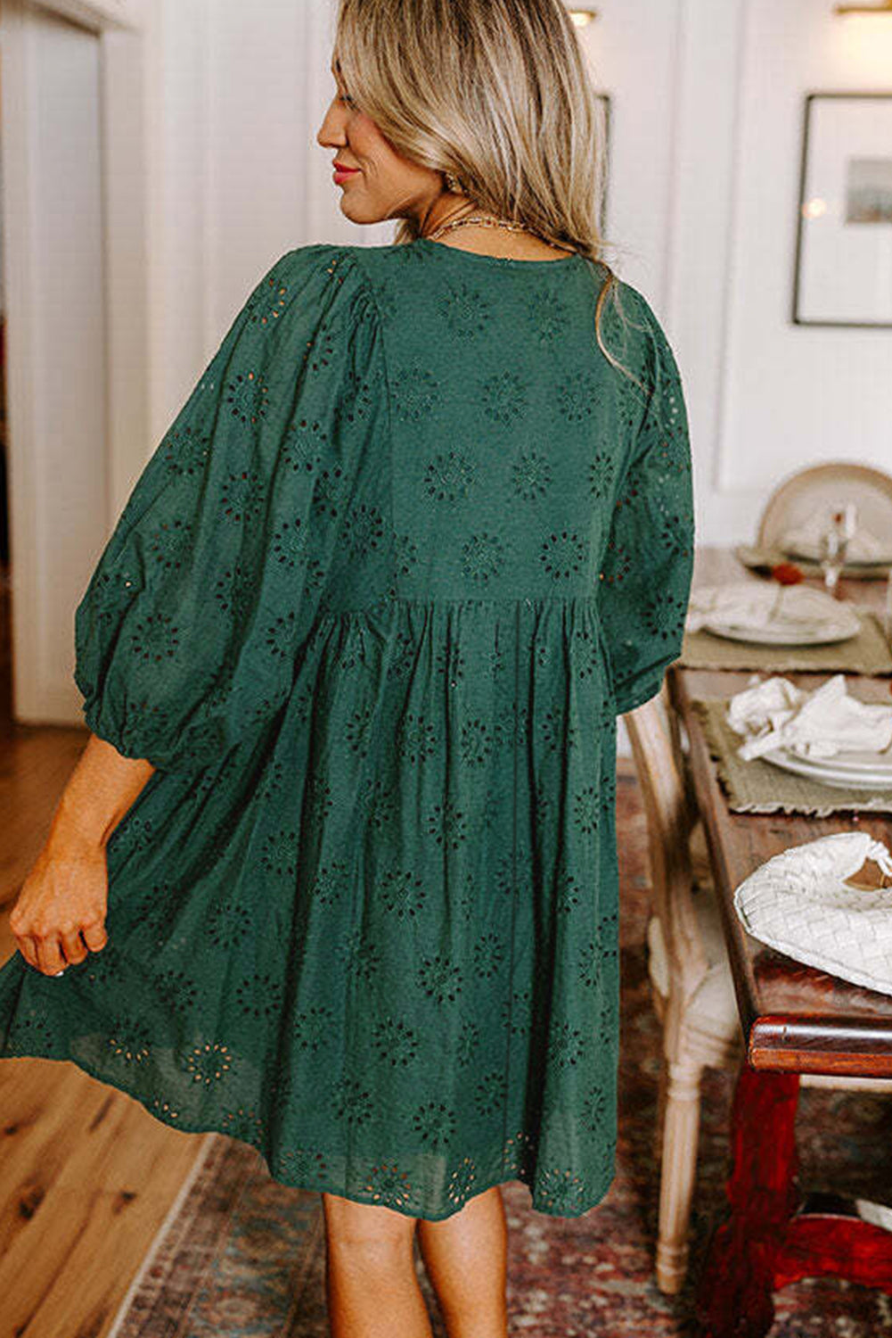 Green Eyelet Pattern Mini Dress