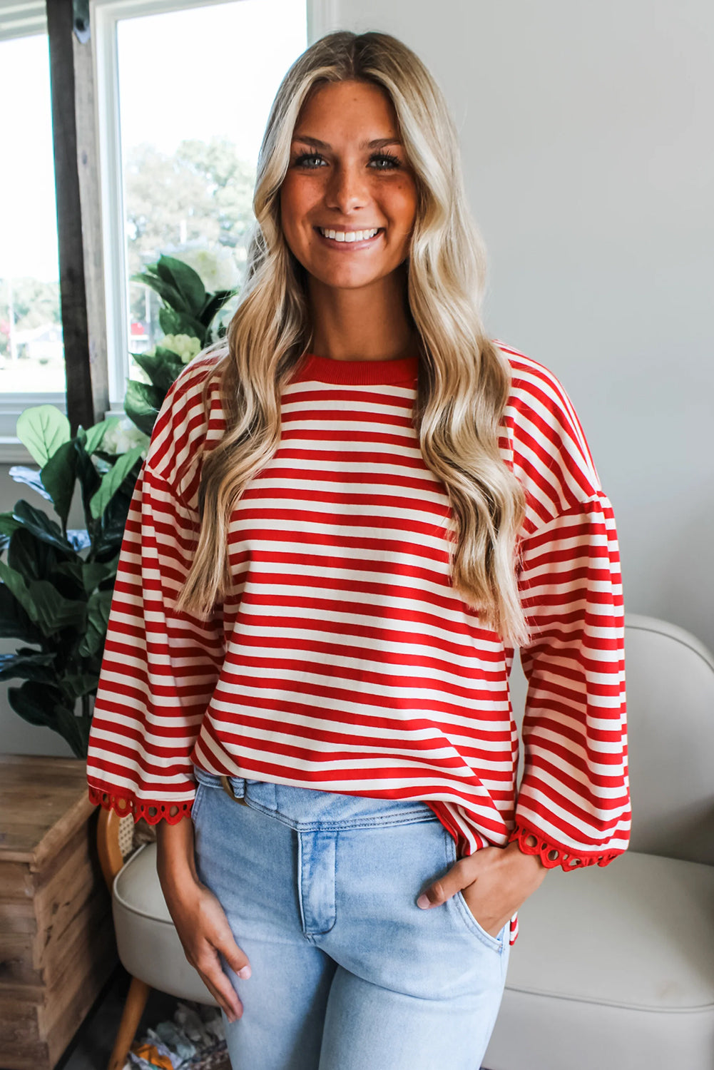 Red Striped Bell Sleeve Top