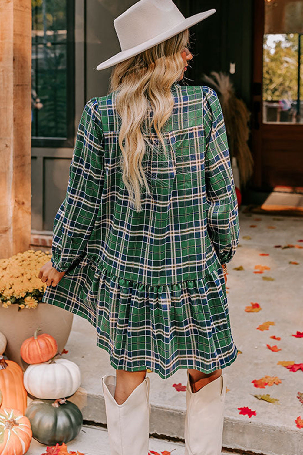 Green Plaid Frill Neck Mini Dress