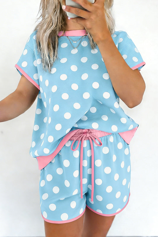 Sky Blue Polka Dot Contrast Edge Casual Short Set