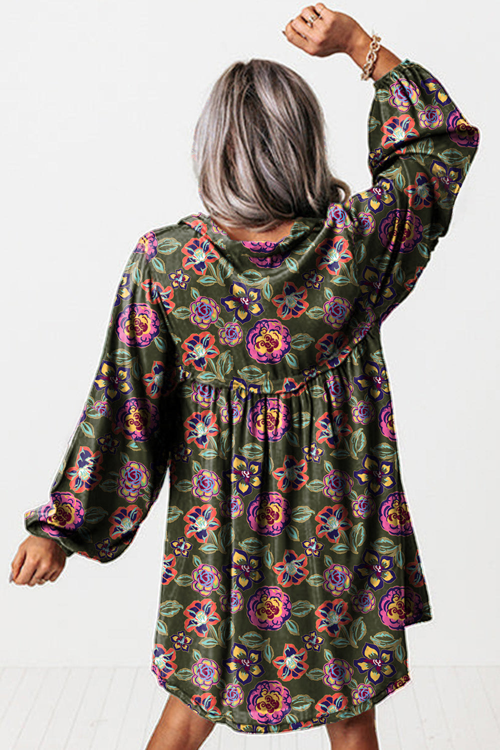 Green Floral Print Sleeve Mini Dress