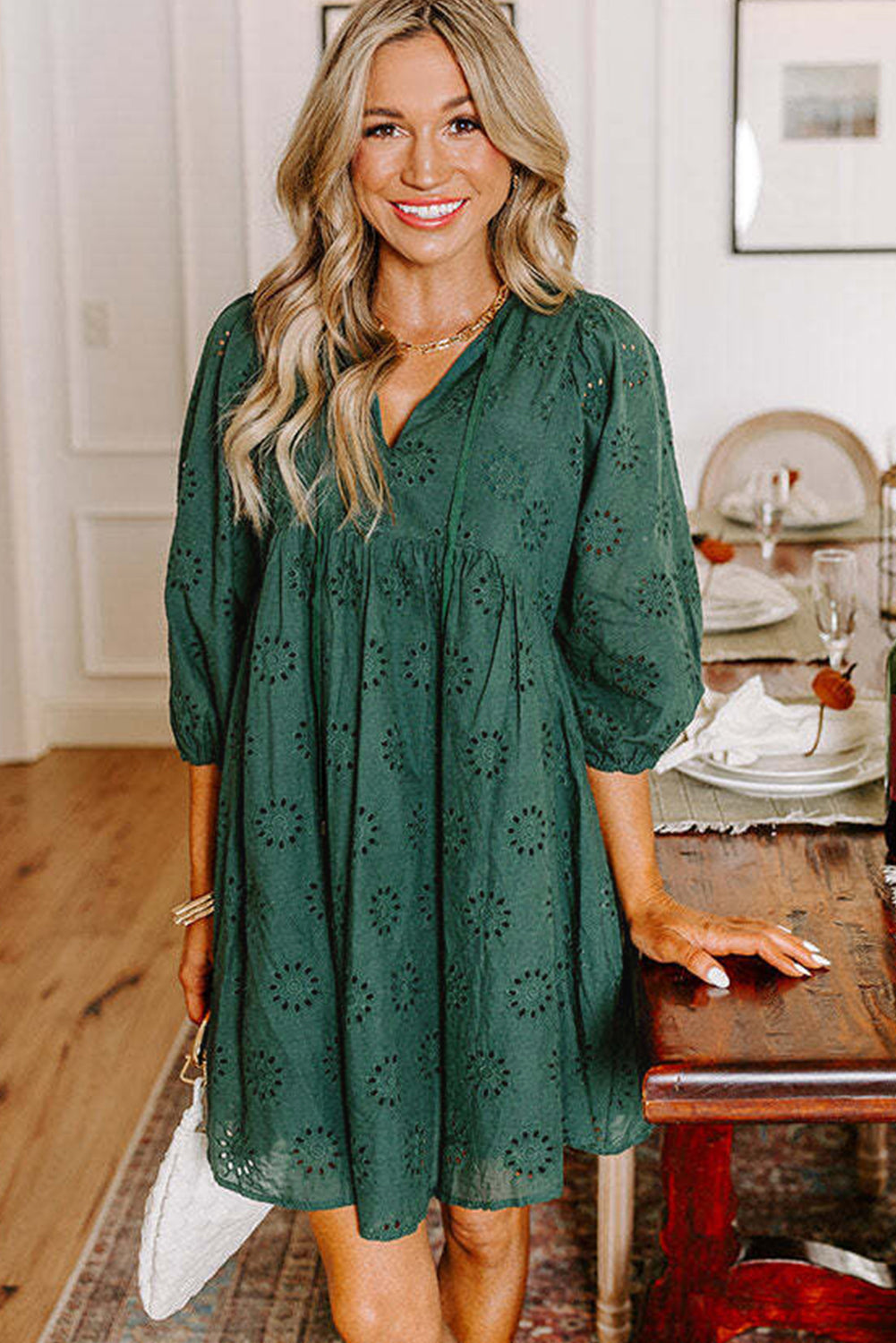Green Eyelet Pattern Mini Dress