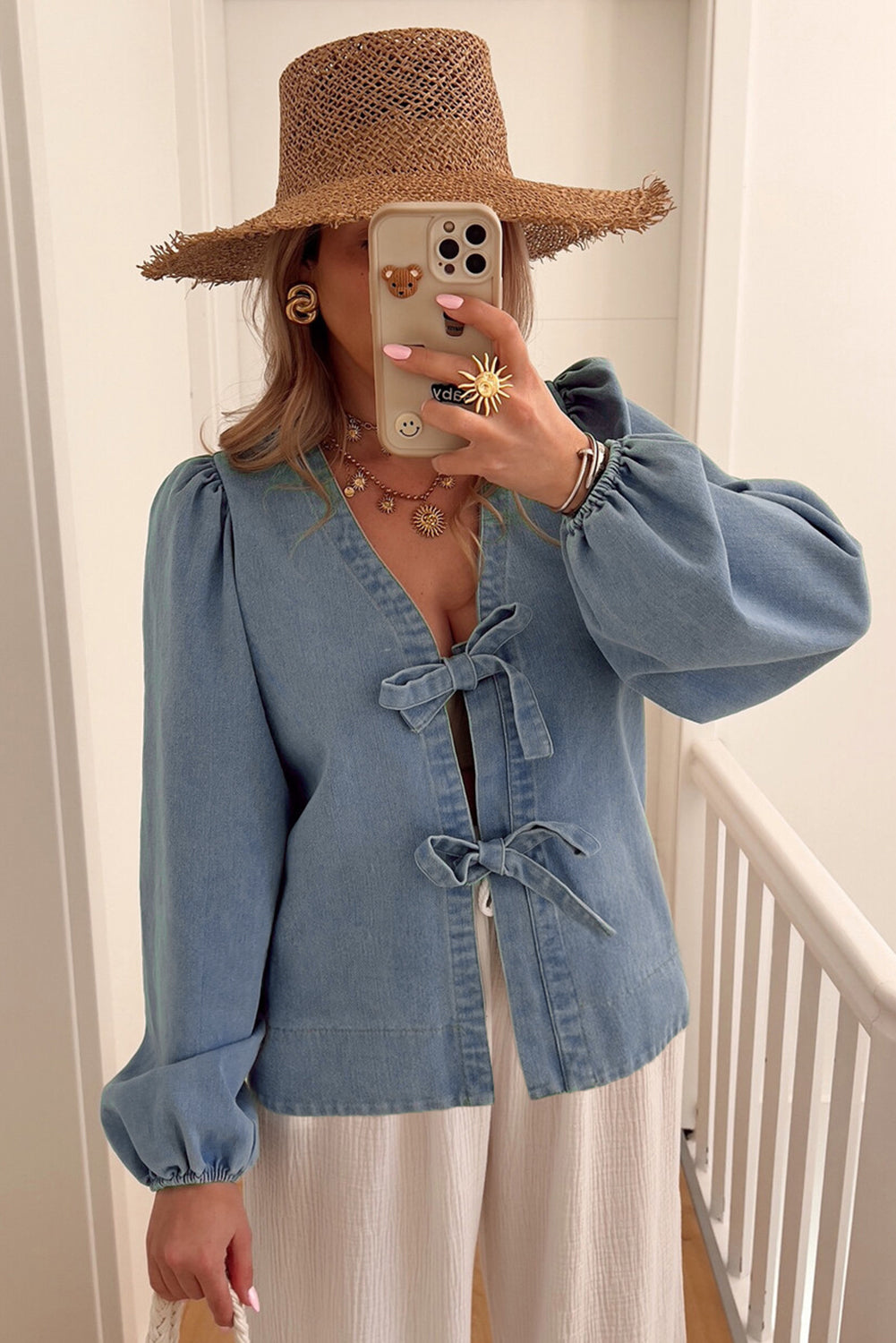 Blue Bow Tie Denim Top