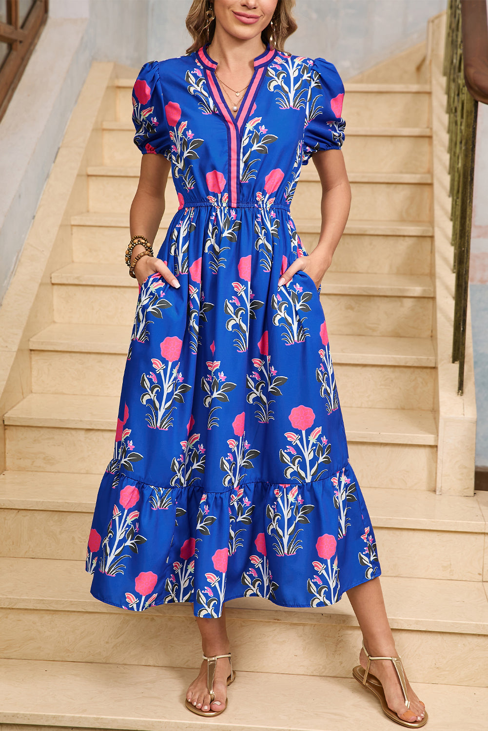 Blue Floral Ruffle Hem Dress