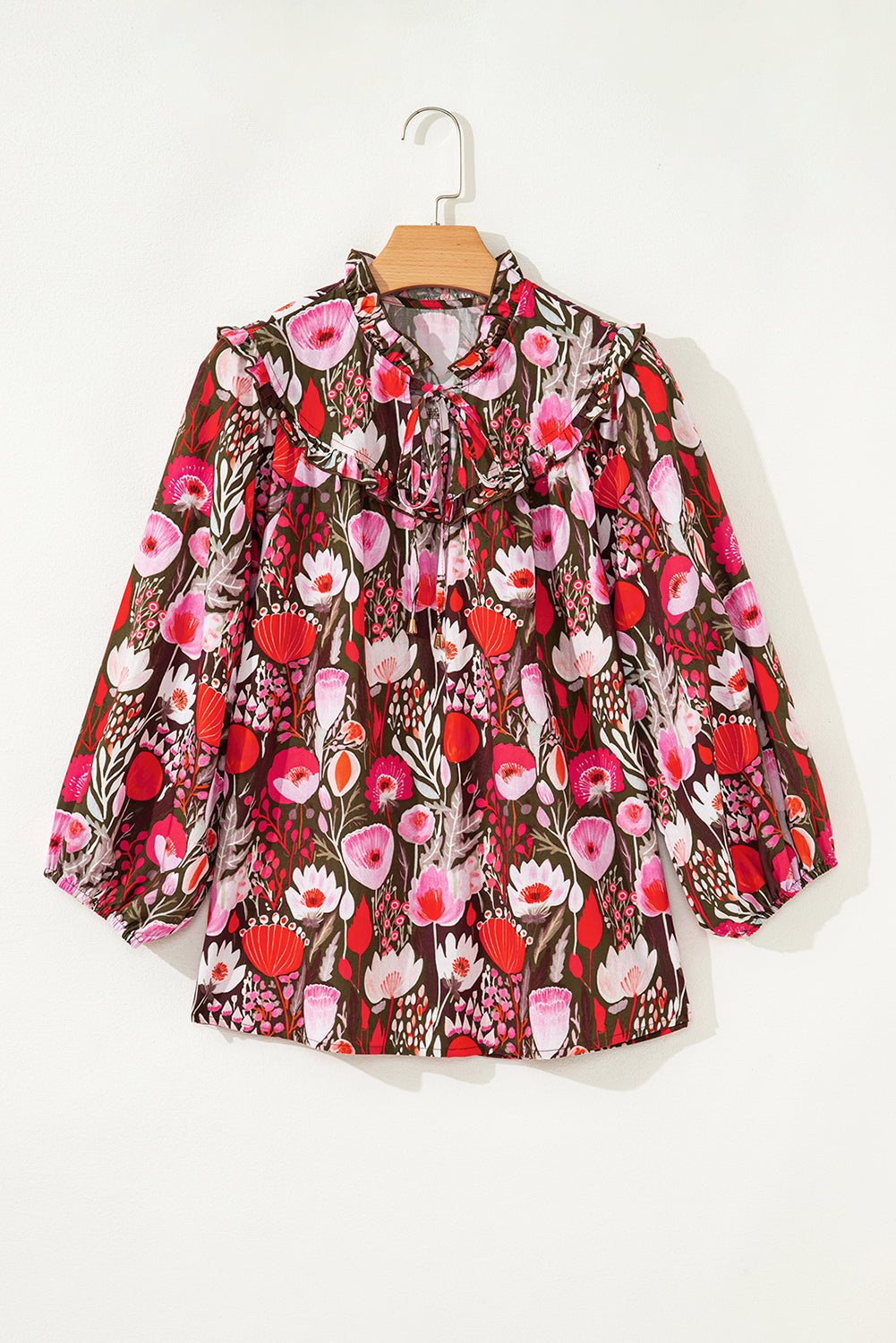 Red Floral 3/4 Sleeve Lace-up Blouse