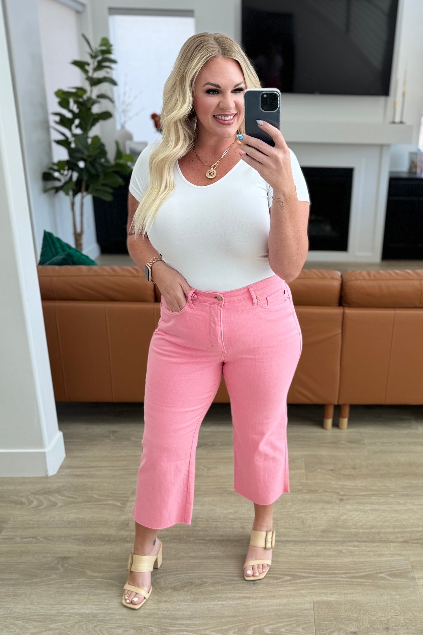High Rise Wide Leg Crop Jeans in Pink