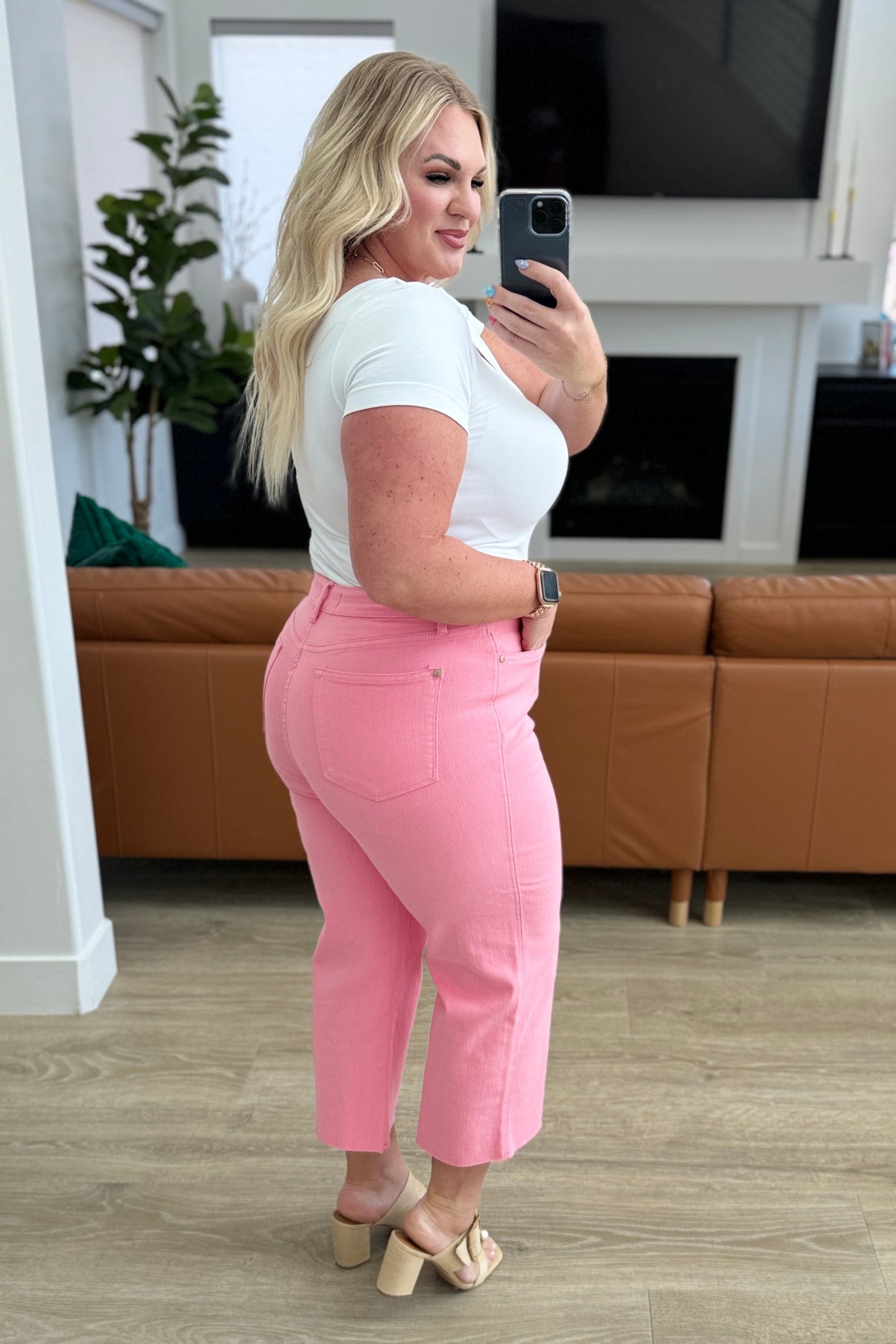 High Rise Wide Leg Crop Jeans in Pink