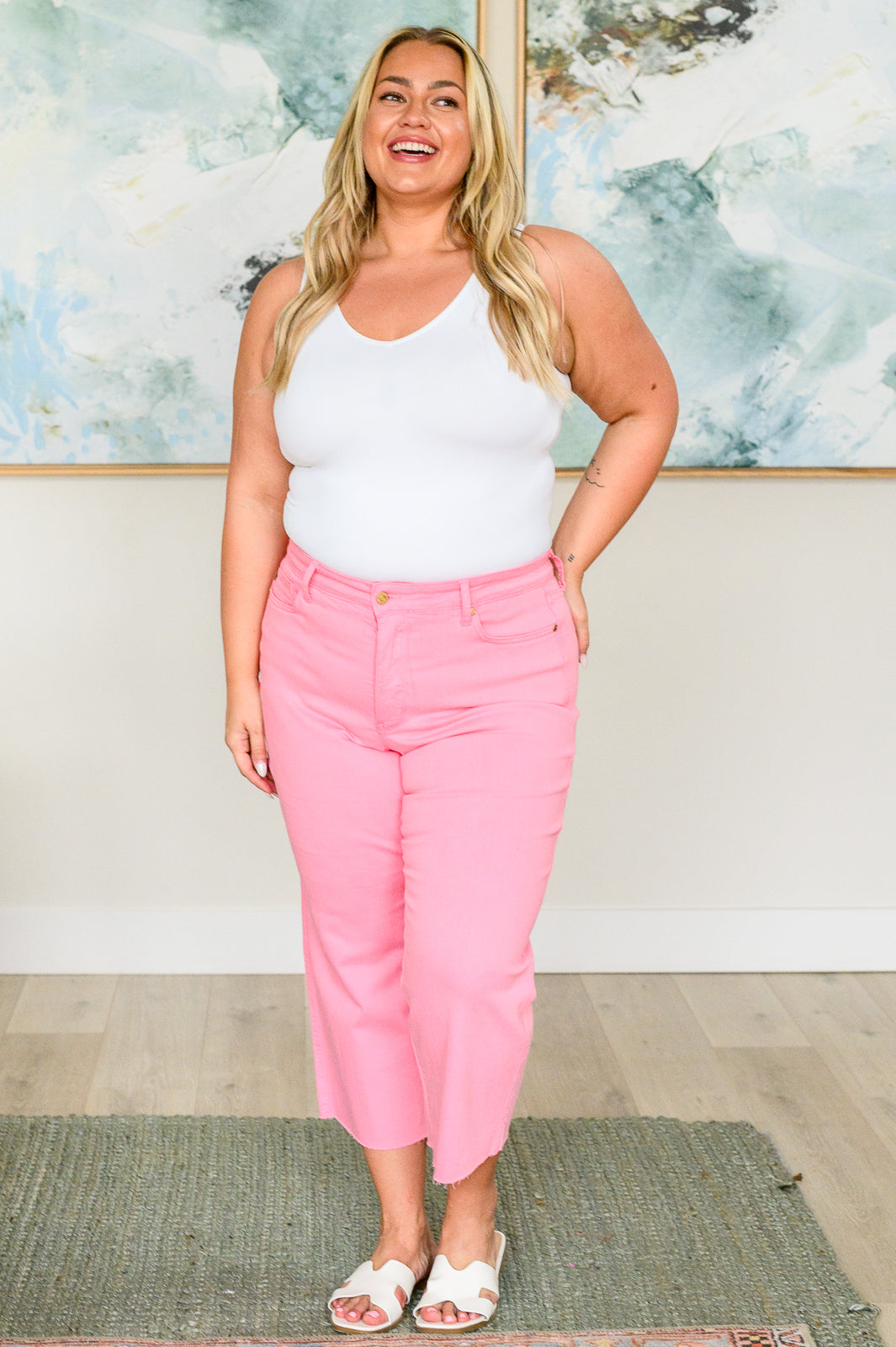 High Rise Wide Leg Crop Jeans in Pink
