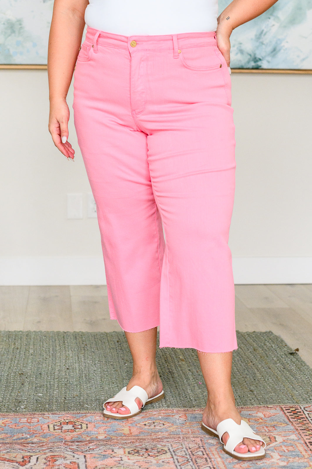 High Rise Wide Leg Crop Jeans in Pink