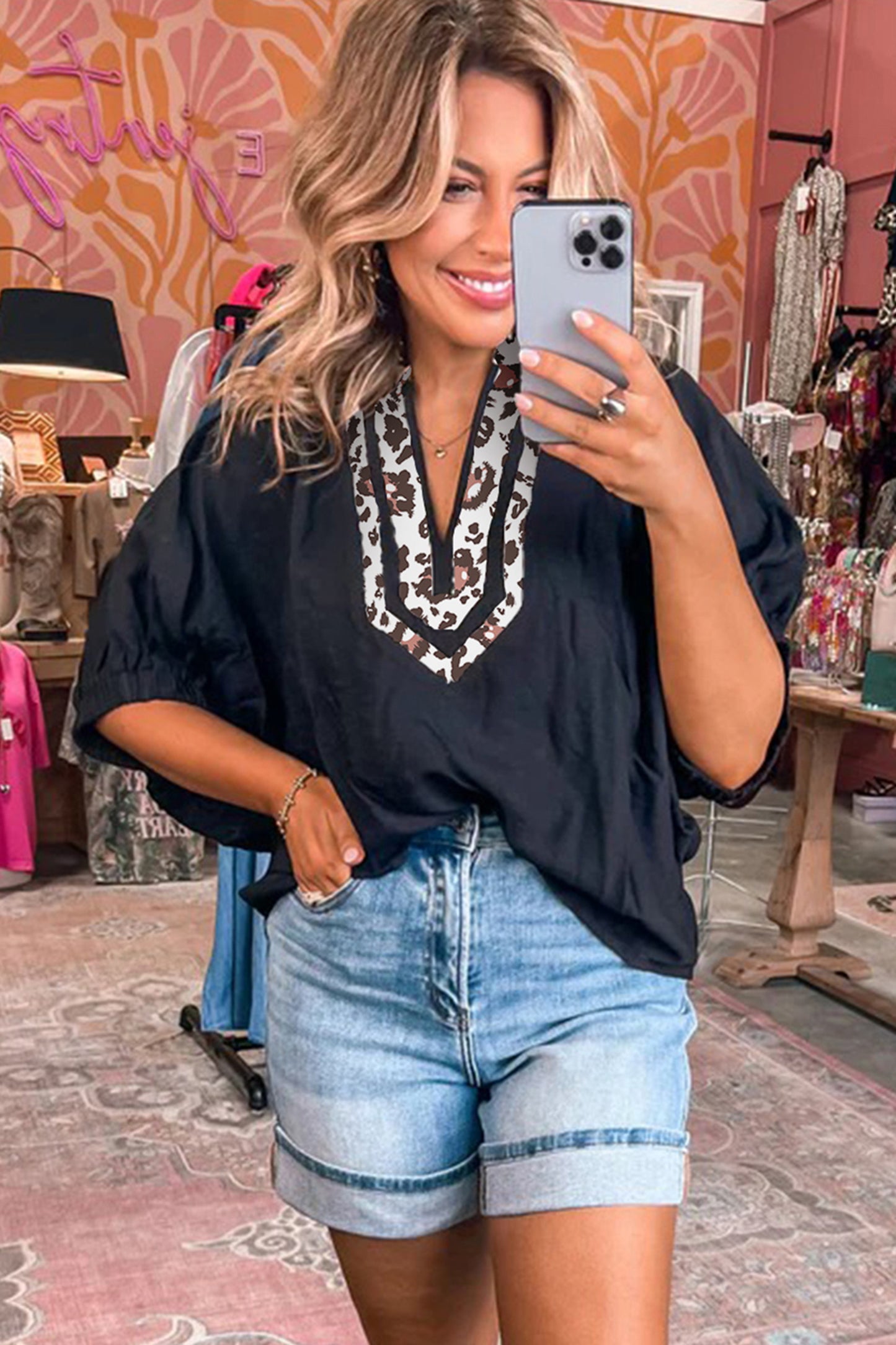 Black Dolman Half Sleeve Leopard Patchwork Trim V Neck Blouse