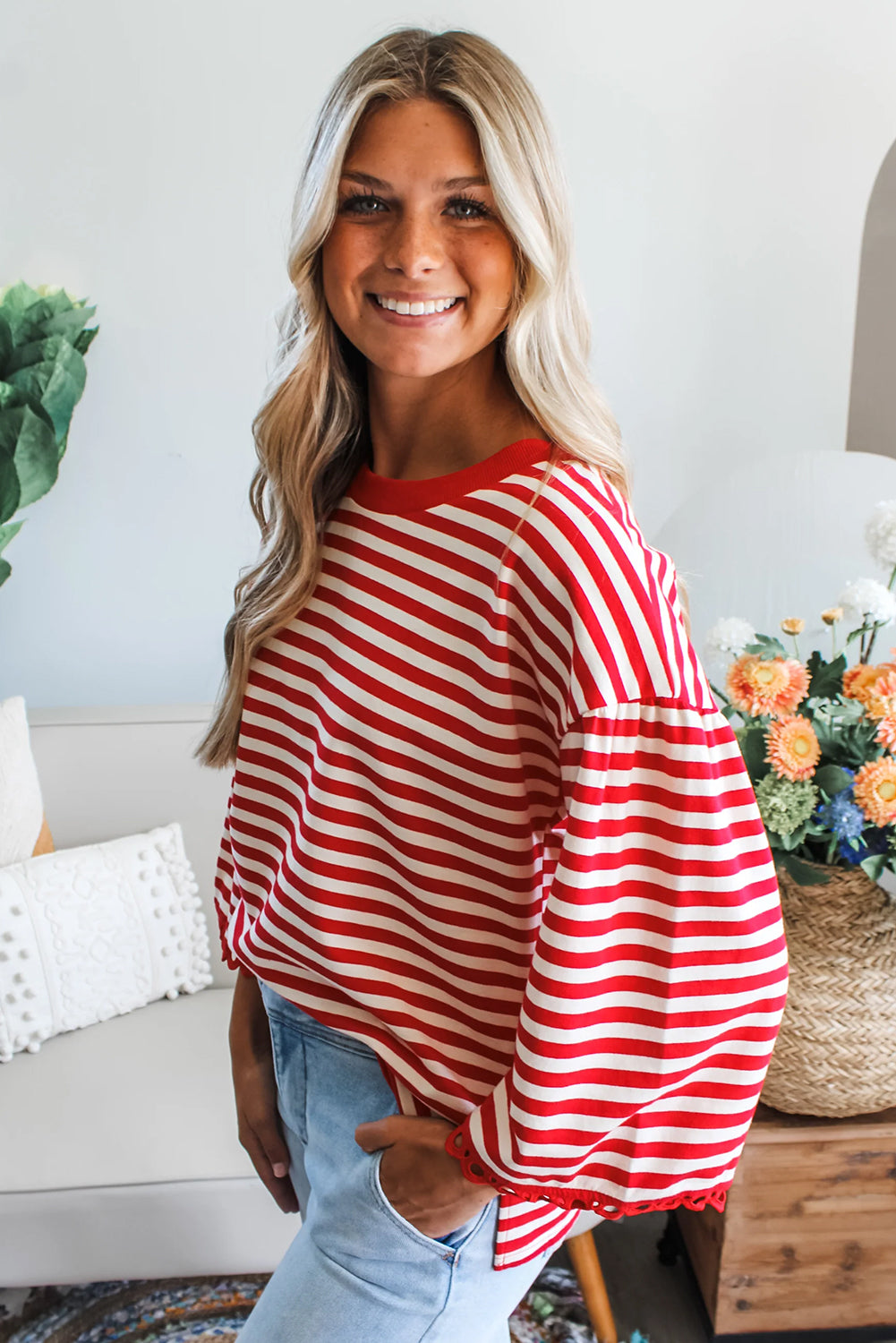 Red Striped Bell Sleeve Top