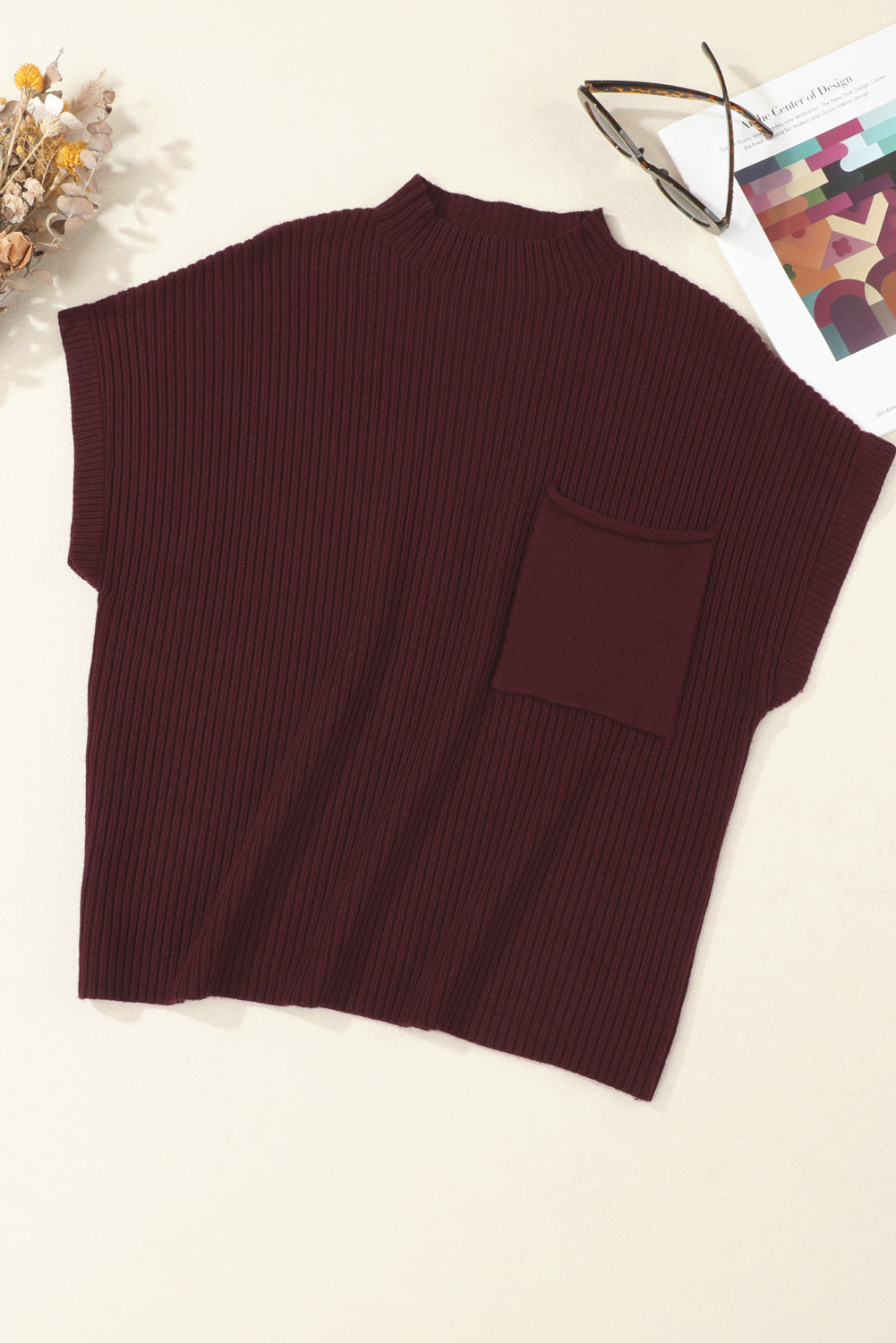 Deep Red Pocket Ribbed Sweater